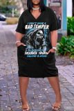 Casual Skull Head  Print Basic V Neck Short Sleeve Loose Pockets Midi T-Shirt Dress