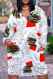 Casual Graphics Print Basic V Neck Long Sleeve Loose Pockets Straight Midi T-Shirt Dress
