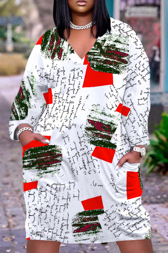Casual Graphics Print Basic V Neck Long Sleeve Loose Pockets Straight Midi T-Shirt Dress