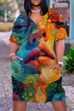 Casual Graphics Print Basic V Neck Short Sleeve Loose Pockets Midi T-Shirt Dress