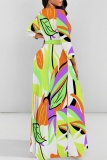 Casual Leaf Print O Neck Half Sleeve Floor Length Belted Long Vacation A Line Maxi Flowy Dress