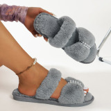 Pear Decor Double Strap Fuzzy Fluffy Buckle Open Toe Fur Flat Slippers