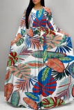 Casual Leaf Print O Neck Half Sleeve Floor Length Belted Long Vacation A Line Maxi Flowy Dress