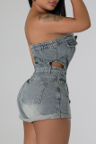 Sleeveless Strapless Zipper Pocket Buckle Skinny Denim Tube Tops Romper One Piece Bodysuit
