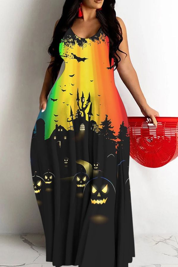 Halloween Pumpkin Bat Print Backless Spaghetti Strap Floor Length Baggy Slip Maxi Dress