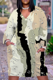 Casual Graphics Print Basic V Neck Long Sleeve Loose Pockets Straight Midi T-Shirt Dress