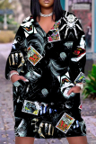 Halloween Skull Flower Print V Neck Long Sleeve Loose Pockets Straight Midi T-Shirt Dress