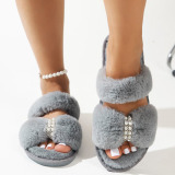 Pear Decor Double Strap Fuzzy Fluffy Buckle Open Toe Fur Flat Slippers