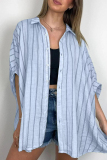 Casual Stripe Print Turndown Collar Short Sleeve Buttons Loose Vacation Blouse