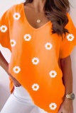 Casual Floral Print V Neck Short Sleeve Plus Size Oversize Graphics T-shirt