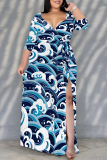 Graphics Print V Neck Half Sleeve Lace Up Slit Floor Length Belted Long Vacation Plus Size A Line Maxi Dress