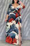 Graphics Print V Neck Half Sleeve Lace Up Slit Floor Length Belted Long Vacation Plus Size A Line Maxi Dress