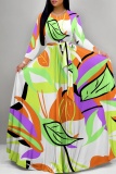 Casual Leaf Print O Neck Half Sleeve Floor Length Belted Long Vacation A Line Maxi Flowy Dress