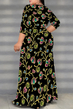 Graphics Print V Neck Half Sleeve Lace Up Slit Floor Length Belted Long Vacation Plus Size A Line Maxi Dress
