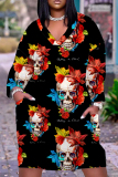 Halloween Skull Flower Print V Neck Long Sleeve Loose Pockets Straight Midi T-Shirt Dress