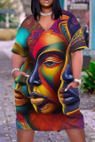 Casual Graphics Print Basic V Neck Short Sleeve Loose Pockets Midi T-Shirt Dress