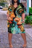 Casual Graphics Print Basic V Neck Short Sleeve Loose Pockets Midi T-Shirt Dress