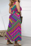 Casual Geometric Print Pocket V Neck Loose Vacation Wide Leg Tank Jumpsuits