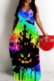 Halloween Pumpkin Bat Print Backless Spaghetti Strap Floor Length Baggy Slip Maxi Dress