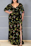 Graphics Print V Neck Half Sleeve Lace Up Slit Floor Length Belted Long Vacation Plus Size A Line Maxi Dress