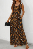 Sexy Geometry Print Backless Spaghetti Strap Floor Length Vacation Baggy Sundress Maxi Tank Dress