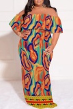 Casual Graphics Print Off Shoulder Flutter Sleeve Long Loose Vacation Plus Size Boho Maxi Dresses