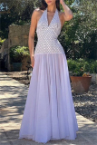 Casual Polka Dot Print Backless Sleeveless Belted Long Vacation Mesh Sheer Halter Pleated Maxi Dresses