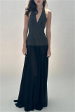 Casual Polka Dot Print Backless Sleeveless Belted Long Vacation Mesh Sheer Halter Pleated Maxi Dresses