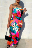 Casual Graphics Print Sleeveless Backless Strapless Slit Long Vacation Tube Bodycon Maxi Dress