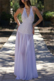 Casual Polka Dot Print Backless Sleeveless Belted Long Vacation Mesh Sheer Halter Pleated Maxi Dresses