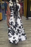 Casual Floral Print Turndown Collar Sleeveless Front Tie Vacation A Line Maxi Dresses