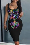 Halloween Skull Print U Neck Sleeveless Plus Size Bodycon Midi Tank Dress