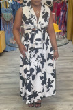Casual Floral Print Turndown Collar Sleeveless Front Tie Vacation A Line Maxi Dresses