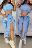 Street Zipper High Waist High Slit Straight Pocket Raw Hem Ripped Denim Cargo Maxi Skirts
