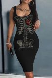 Halloween Skull Print U Neck Sleeveless Plus Size Bodycon Midi Tank Dress