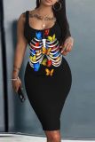 Halloween Skull Print U Neck Sleeveless Plus Size Bodycon Midi Tank Dress
