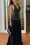 Casual Polka Dot Print Backless Sleeveless Belted Long Vacation Mesh Sheer Halter Pleated Maxi Dresses