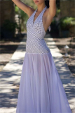 Casual Polka Dot Print Backless Sleeveless Belted Long Vacation Mesh Sheer Halter Pleated Maxi Dresses