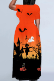 Halloween Pumpkin Bat Print Short Sleeve Floor Length Plus Size Loose T Shirt Maxi Dress