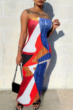 Casual Graphics Print Sleeveless Backless Strapless Slit Long Vacation Tube Bodycon Maxi Dress