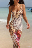 Casual Floral Print Backless Sleeveless Spaghetti Strap Long Vacation Bodycon Maxi Slip Dress