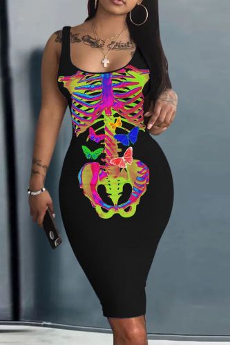 Halloween Skull Print U Neck Sleeveless Plus Size Bodycon Midi Tank Dress