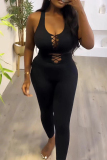 Sportwear Casual U Neck Sleeveless Hollow Out Tank Crop Tops And Skinny Pants Two Pieces Sweatpants Sets