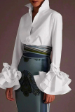 Casual Shirt Collar Ruffle Long Sleeve Buttons Vacation Blouse Office Lady Tops