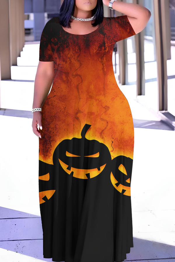 Halloween Pumpkin Bat Print Short Sleeve Floor Length Plus Size Loose T Shirt Maxi Dress