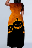 Halloween Pumpkin Bat Print Short Sleeve Floor Length Plus Size Loose T Shirt Maxi Dress