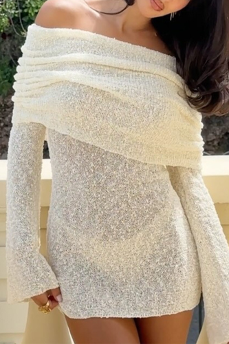 Kintted Off Shoulder Flutter Sleeve Hollow Out See-Through One Step Skirt Formal Party Evening Bodycon Mini Dresses