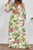 Casual Floral Print Backless Off Shoulder Long Sleeve Belted Crop Tops And Ruffle Hem Maxi Skirt Vacation Two Pieces Dress Sets