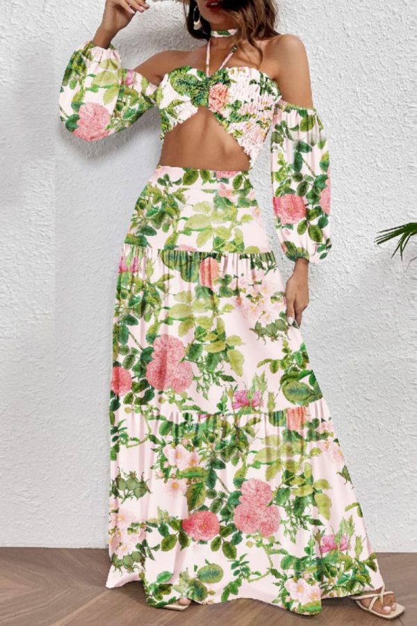 Casual Floral Print Backless Off Shoulder Long Sleeve Belted Crop Tops And Ruffle Hem Maxi Skirt Vacation Two Pieces Dress Sets
