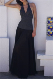Casual Polka Dot Print Backless Sleeveless Belted Long Vacation Mesh Sheer Halter Pleated Maxi Dresses